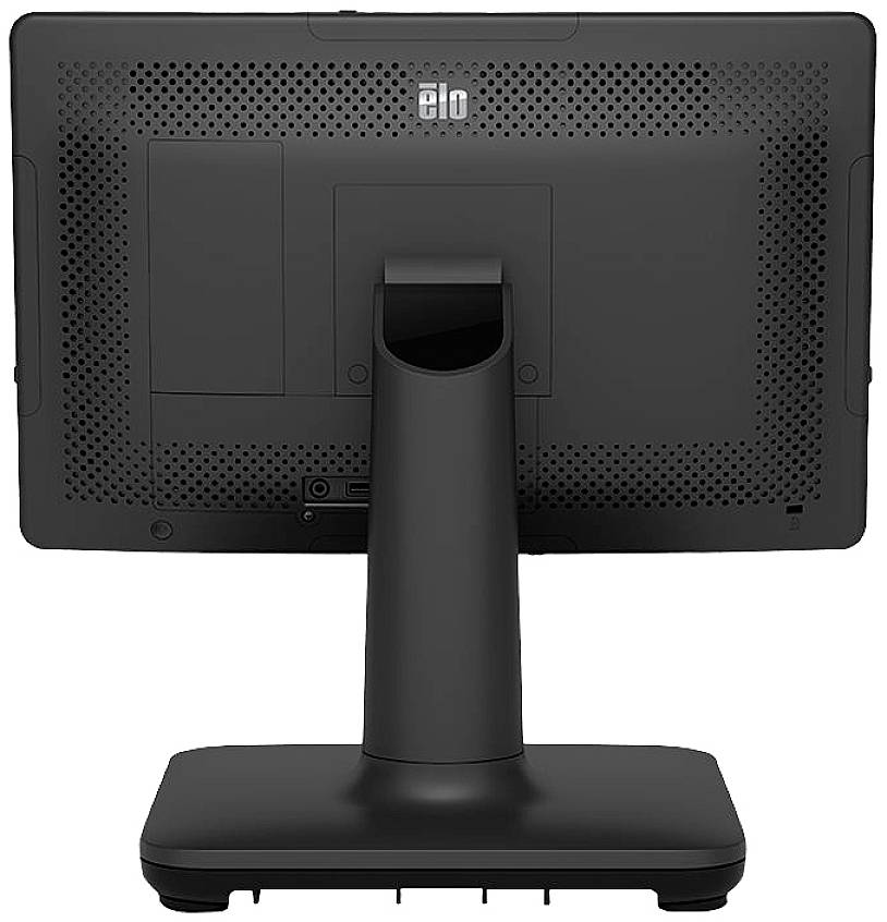 Een zwarte monitor, gezien van achteren. Hij staat op een brede standaard met een stabiele steun. Geen zichtbare aansluitingen.
