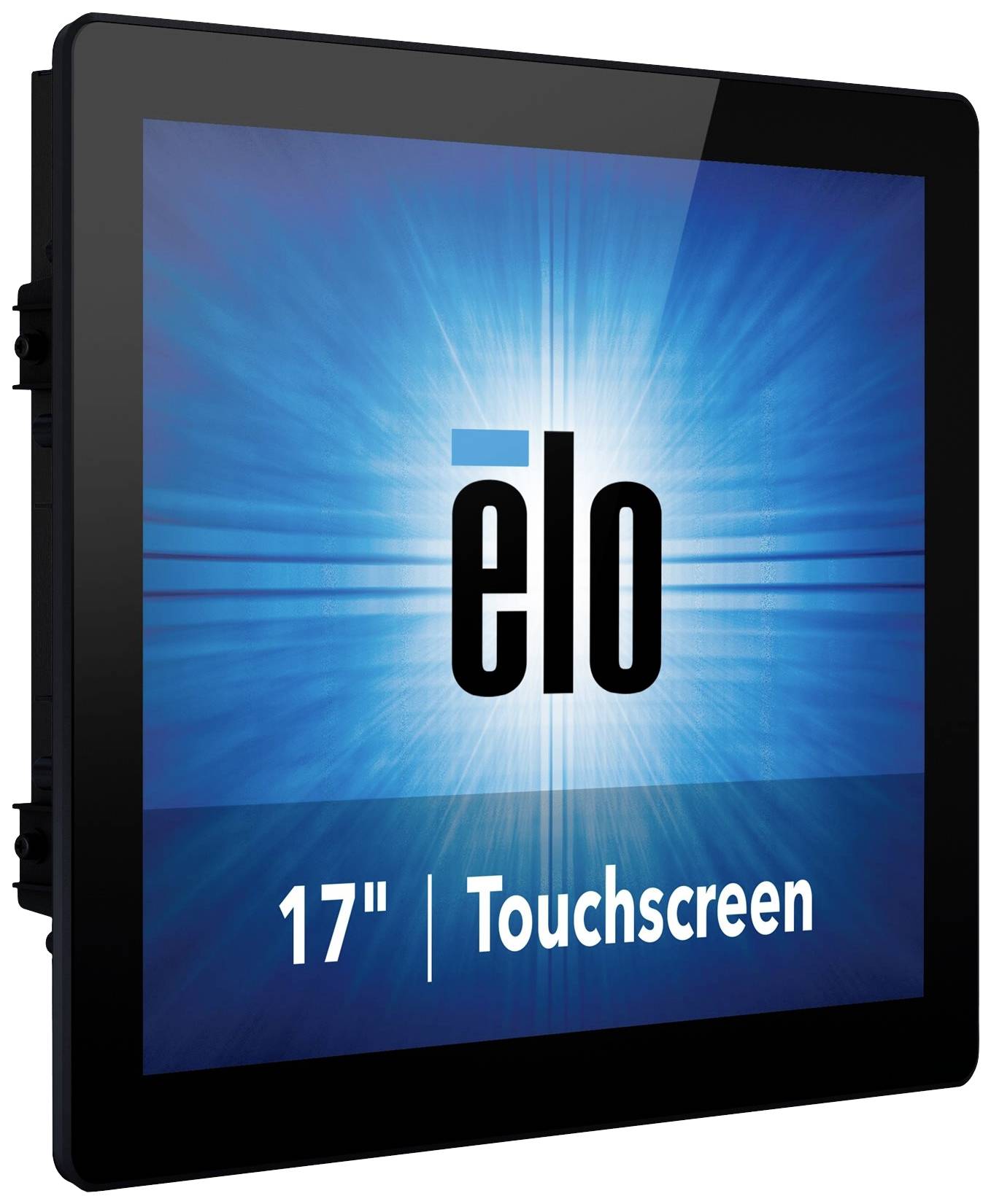 Een 17-inch touchscreen-monitor van het merk Elo tegen een blauwe achtergrond.