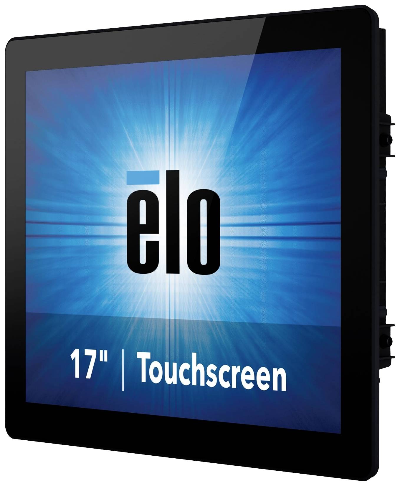 Een 17-inch touchscreen-monitor met het 'elo' logo op een blauwe achtergrond.
