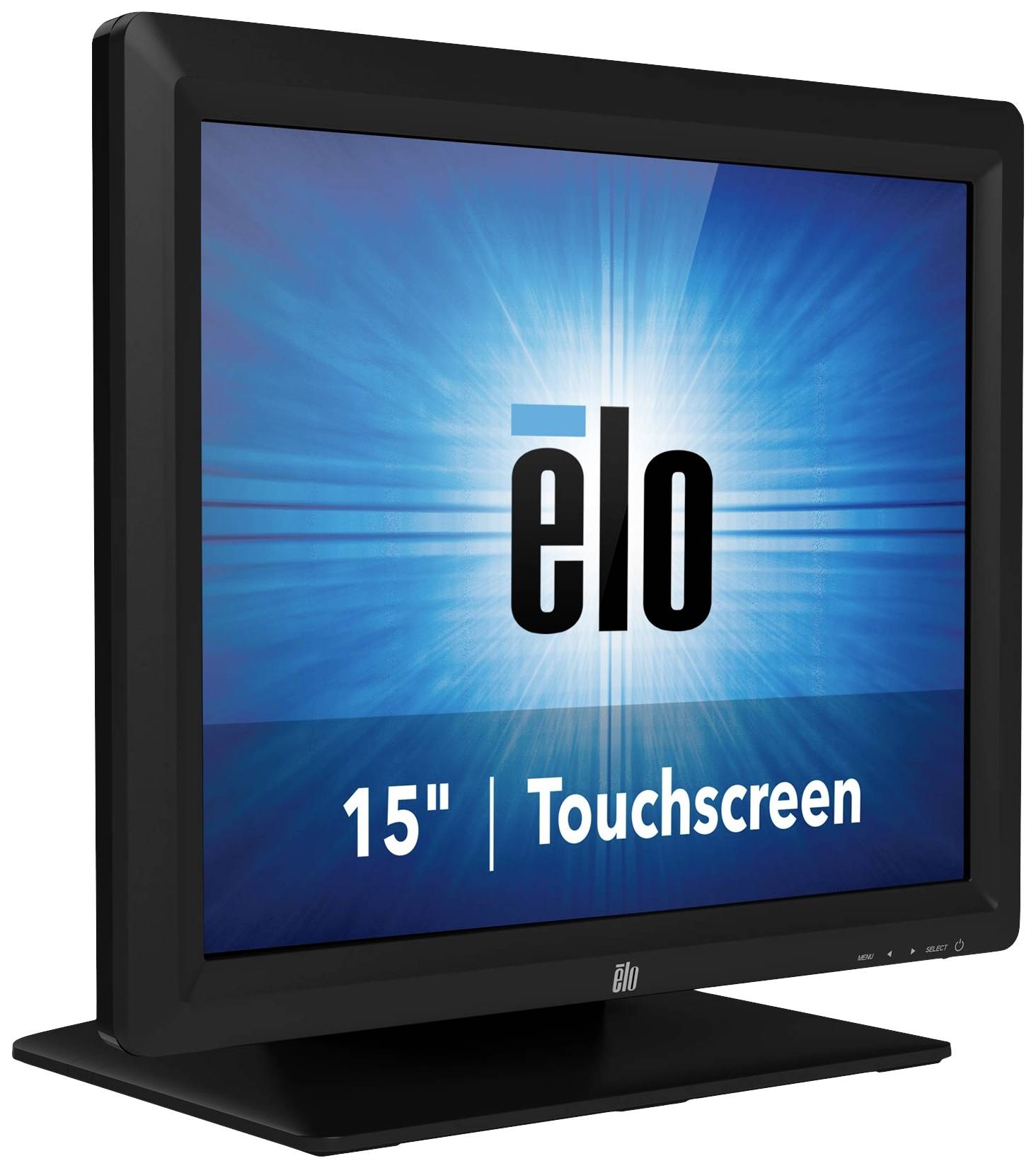 Een 15-inch touchscreen-monitor met het merknaam 'elo' op het scherm, weergegeven met een blauwe achtergrond.