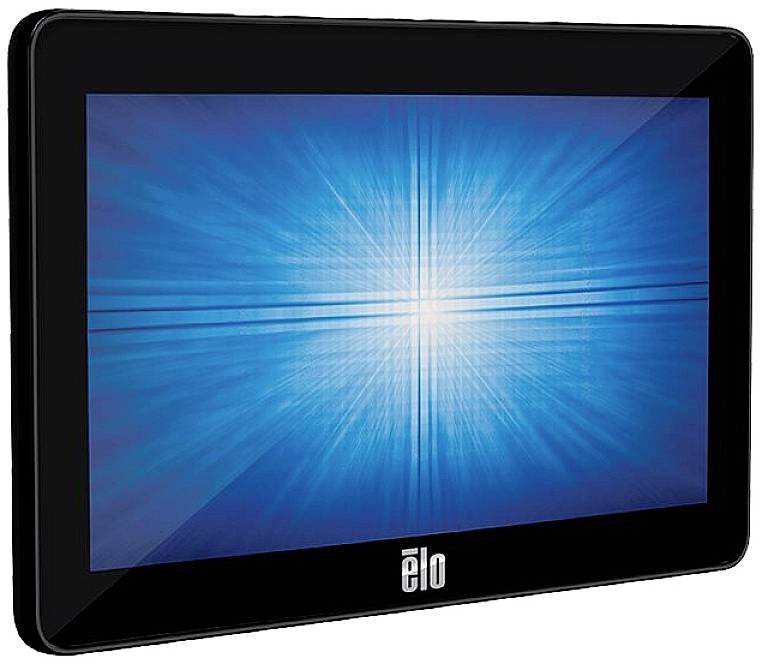 Een zwarte touchscreen-monitor met een blauw, stralend lichtpatroon in het midden.