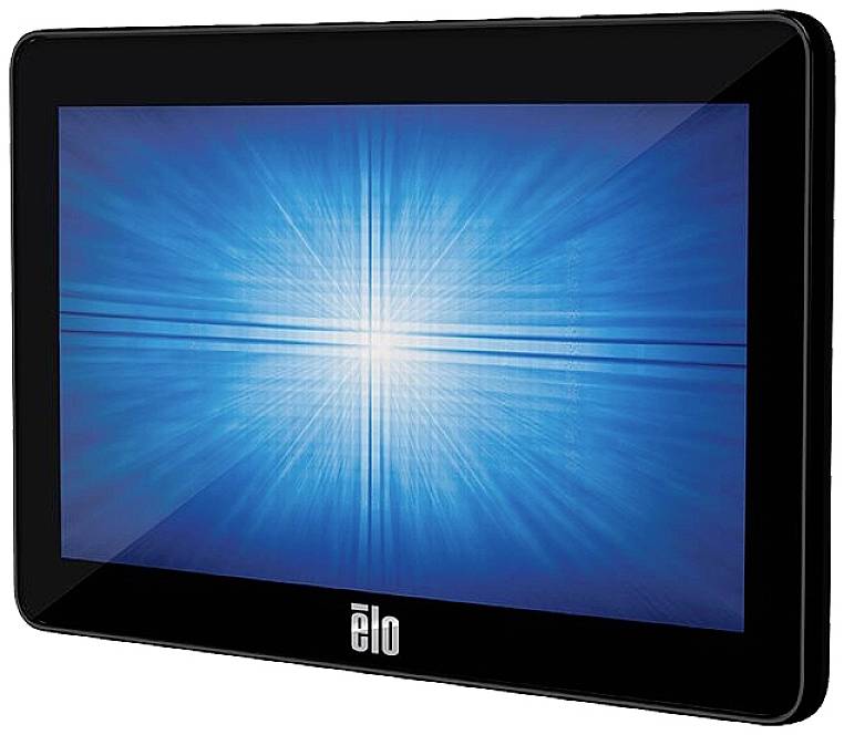 Een zwart tablet-scherm met een blauw, stralend lichtpatroon in het midden.