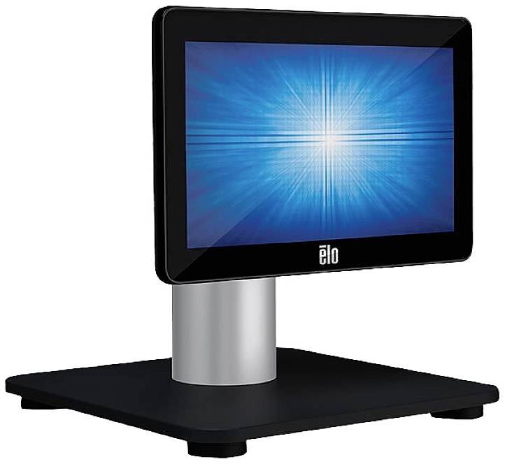 Een zwarte monitor met een zilveren voet toont een blauw scherm met een stervormig licht in het midden.