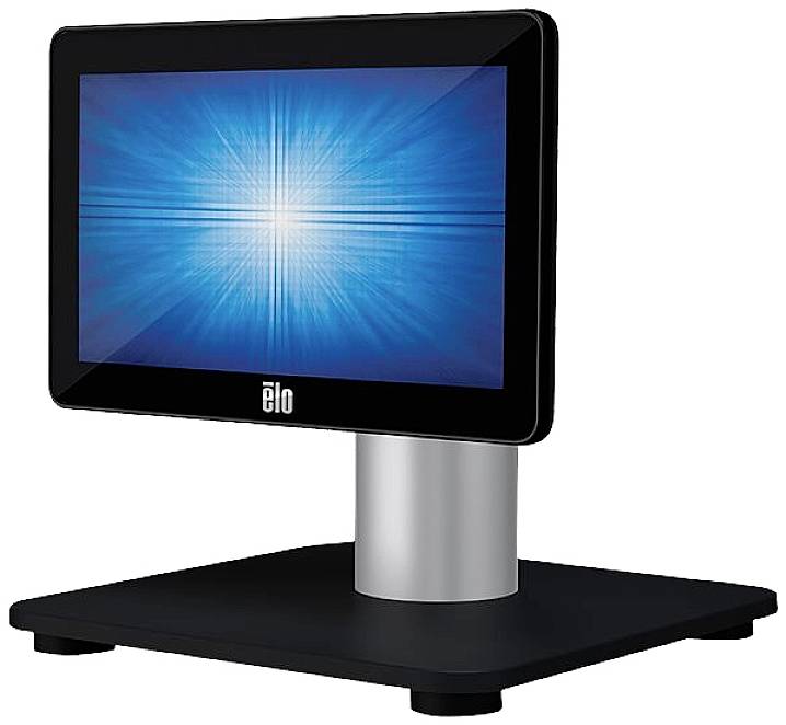 Een zwarte touchscreen-monitor met een blauwe, stralende weergave staat op een stabiele, zilveren voet.