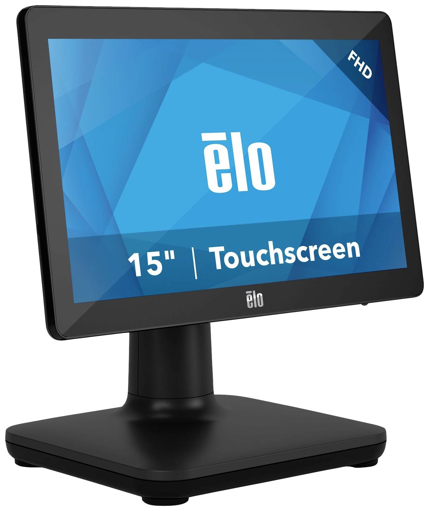 15-inch touchscreen-monitor van Elo met zwarte standaard, aangepaste Full HD-weergave, ideaal voor interactieve toepassingen.