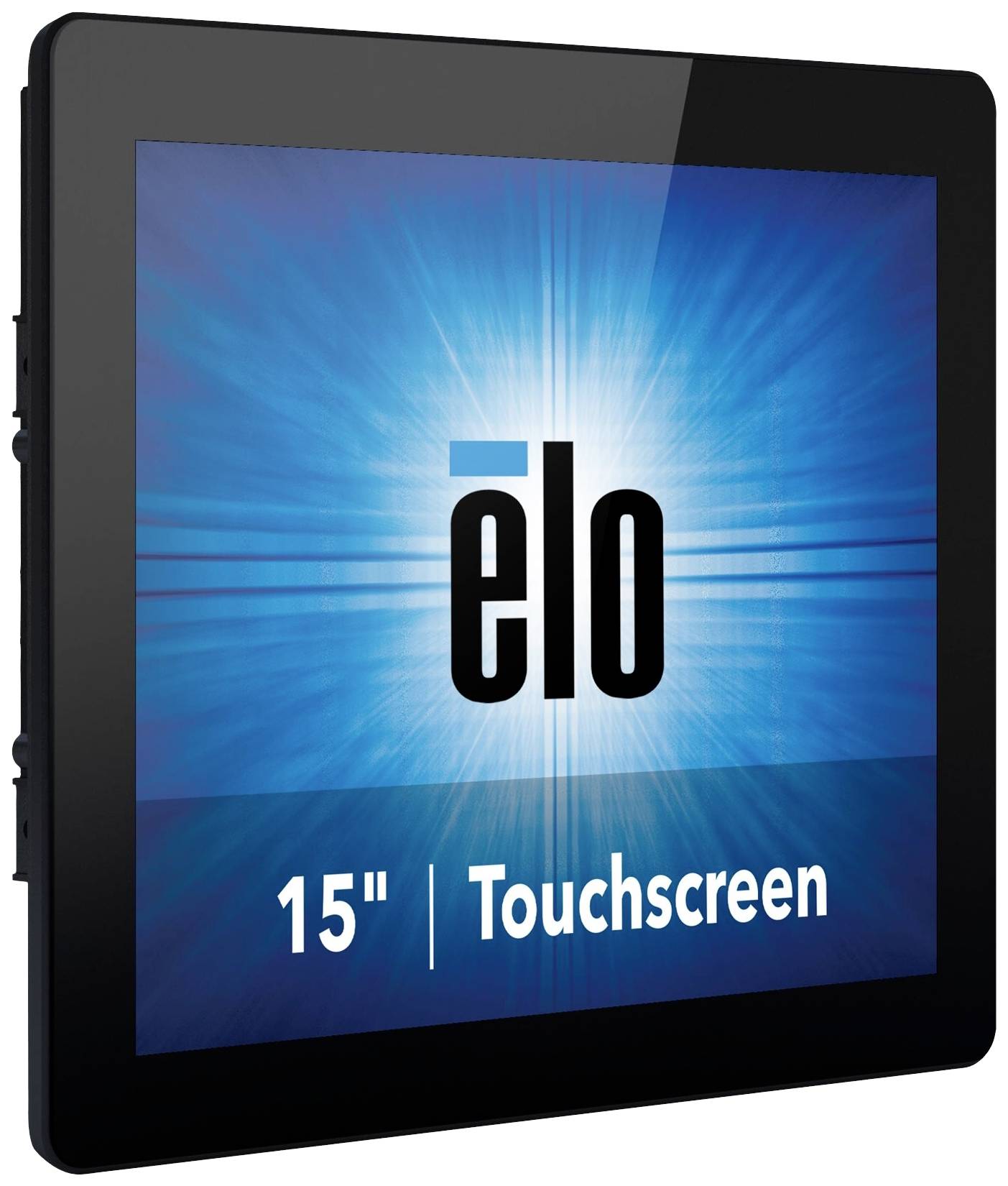 Een 15-inch touchscreen-monitor met het opschrift 'elo' in het midden tegen een blauwe, lichtgevende achtergrond.
