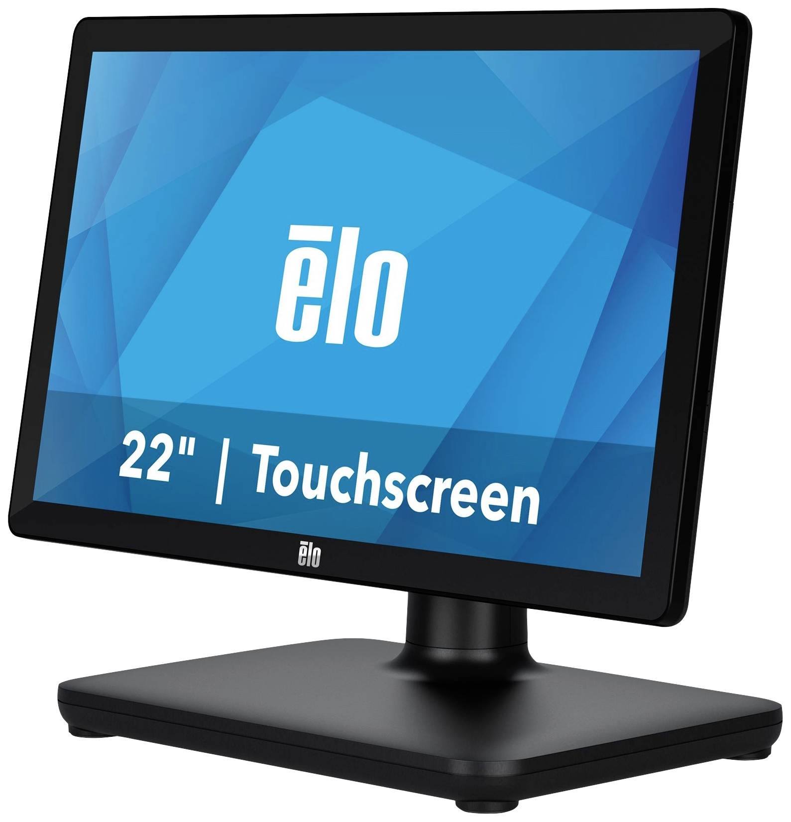 Een zwarte 22-inch touchscreen-monitor met het opschrift 'elo' op het scherm. De achtergrond is blauw met een geometrisch patroon.