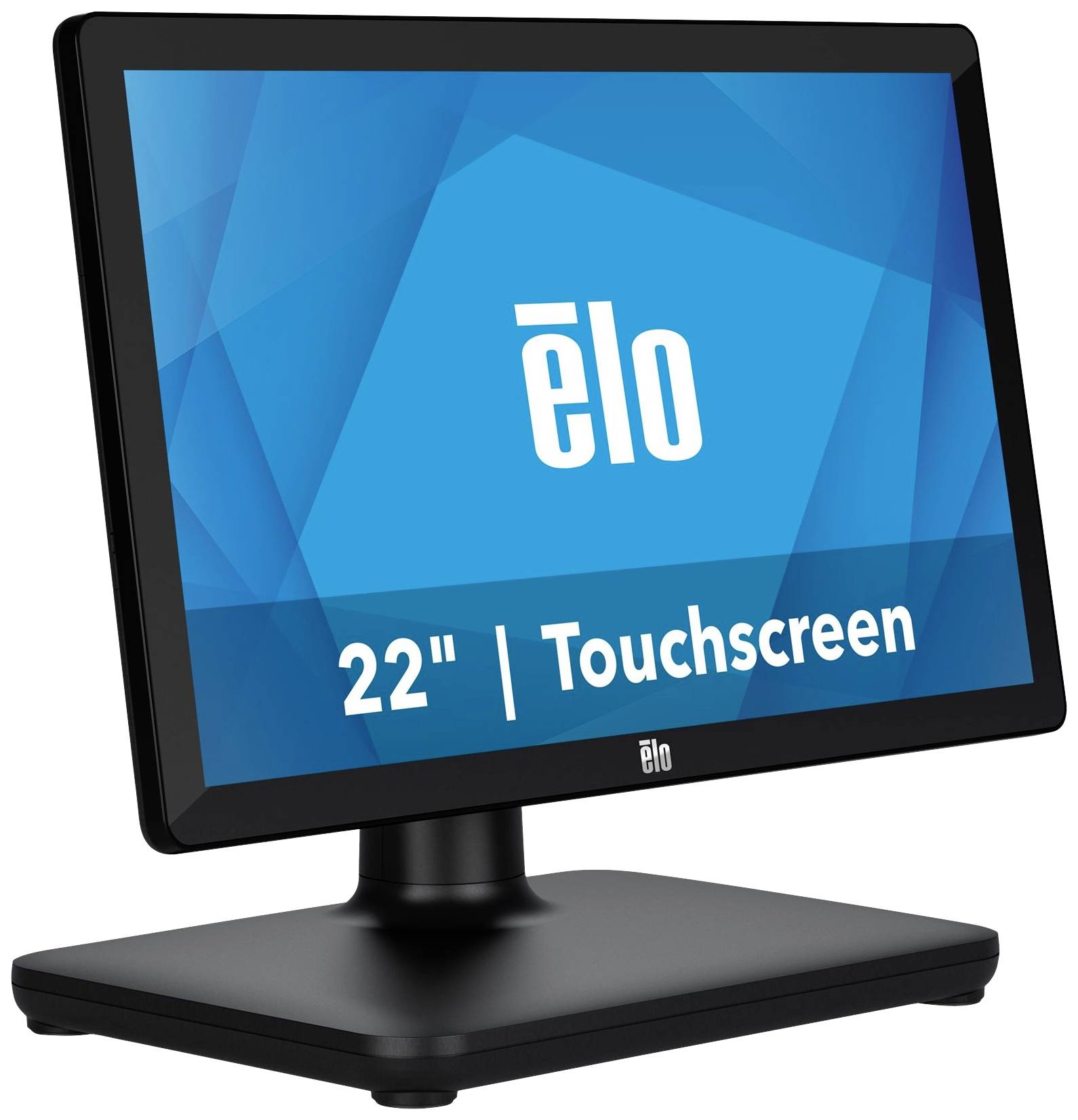 Een zwarte 22-inch touchscreen-monitor van het merk 'Elo' voor een blauwe achtergrond met een geometrisch patroon.