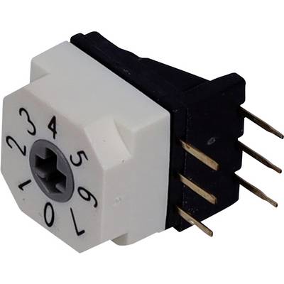 Een rotary-encoder met een genummerde wijzerplaat van 0 tot 9, voorzien van zes uitstekende metalen pinnen voor elektronische verbindingen, tegen een effen achtergrond.