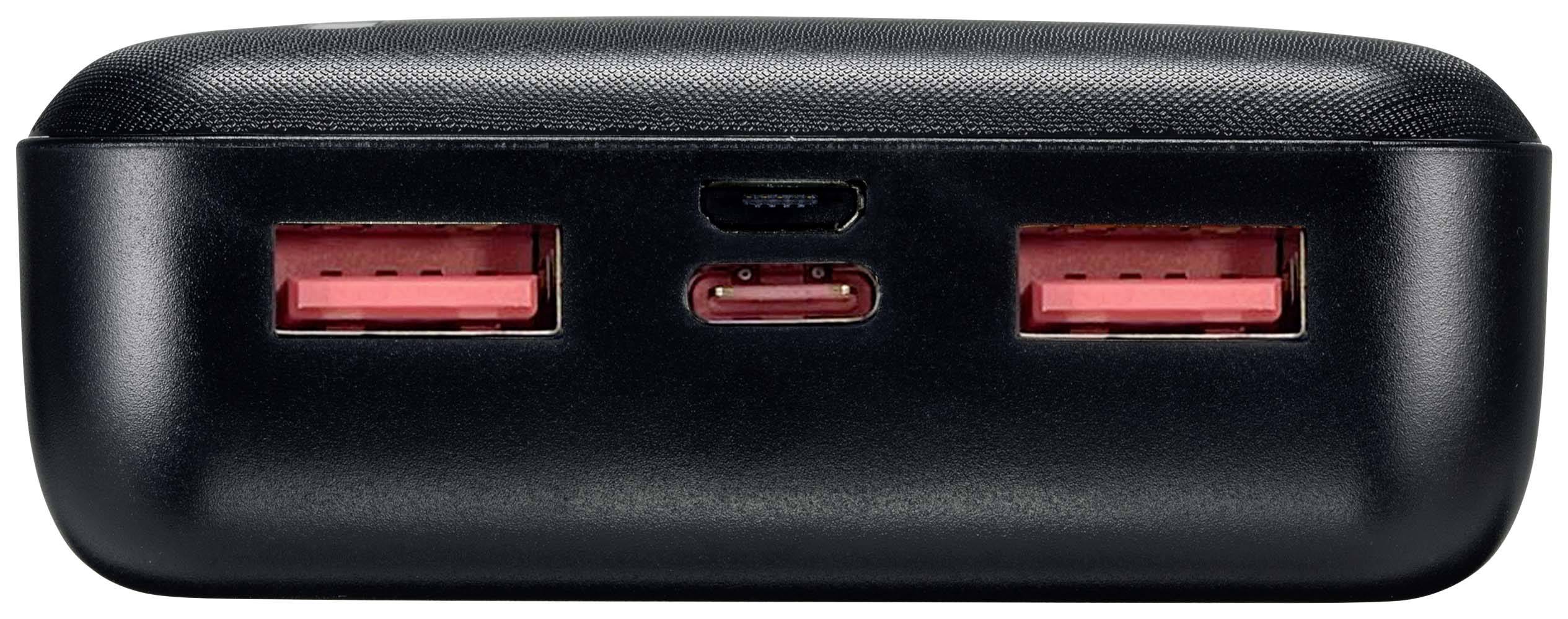 Zwarte powerbank met twee USB-A-poorten en één USB-C-poort aan de voorkant.