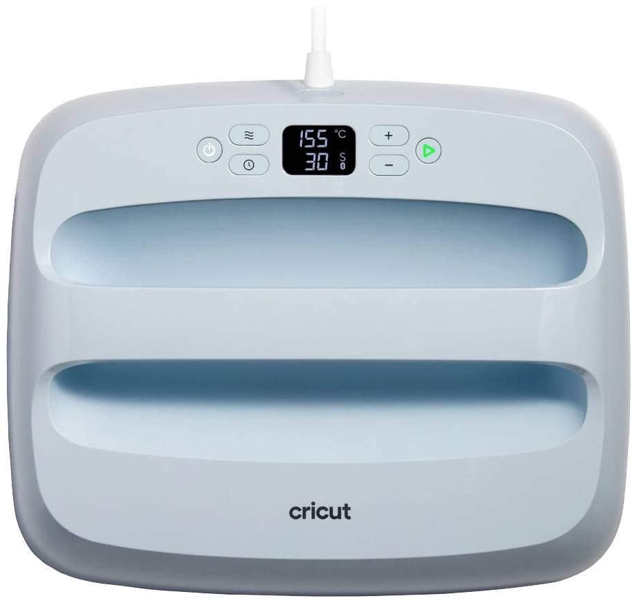 Een strijkijzer met een digitaal display toont '155°C' en '30s'. Bovenaan bevinden zich bedieningselementen en een groene startknop. Eronder twee handgrepen.