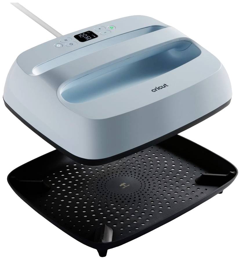 Een blauwe verwarmingsunit met een digitaal display en handgreep, zwevend boven een geperforeerde zwarte basis.