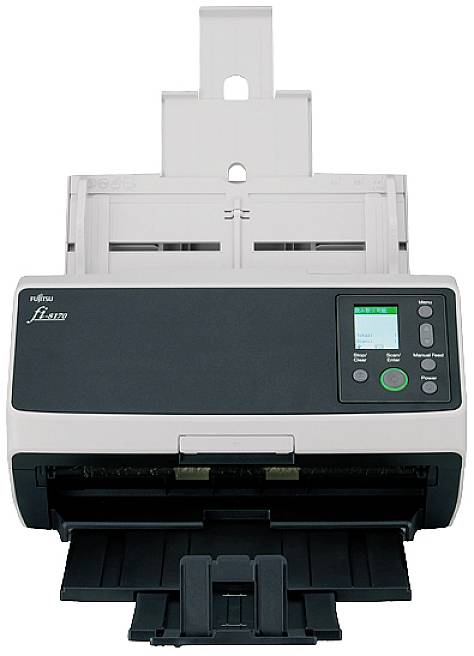 Een documentscanner met een open papierlade. Aan de voorkant bevinden zich knoppen en een klein display.