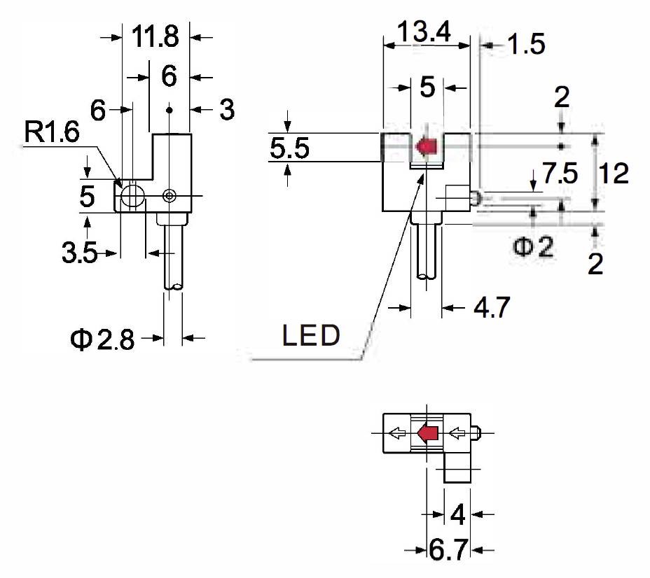 Technische tekening van een LED-type met afmetingen in millimeters. Details tonen de posities van de LED's en bevestigingspunten.