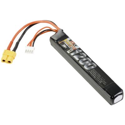 Een slanke, zwarte Lithium-Polymeer accu van Reedy Energy 1200mAh, met oranje en gele aansluitingen, geschikt voor RC-modellen.