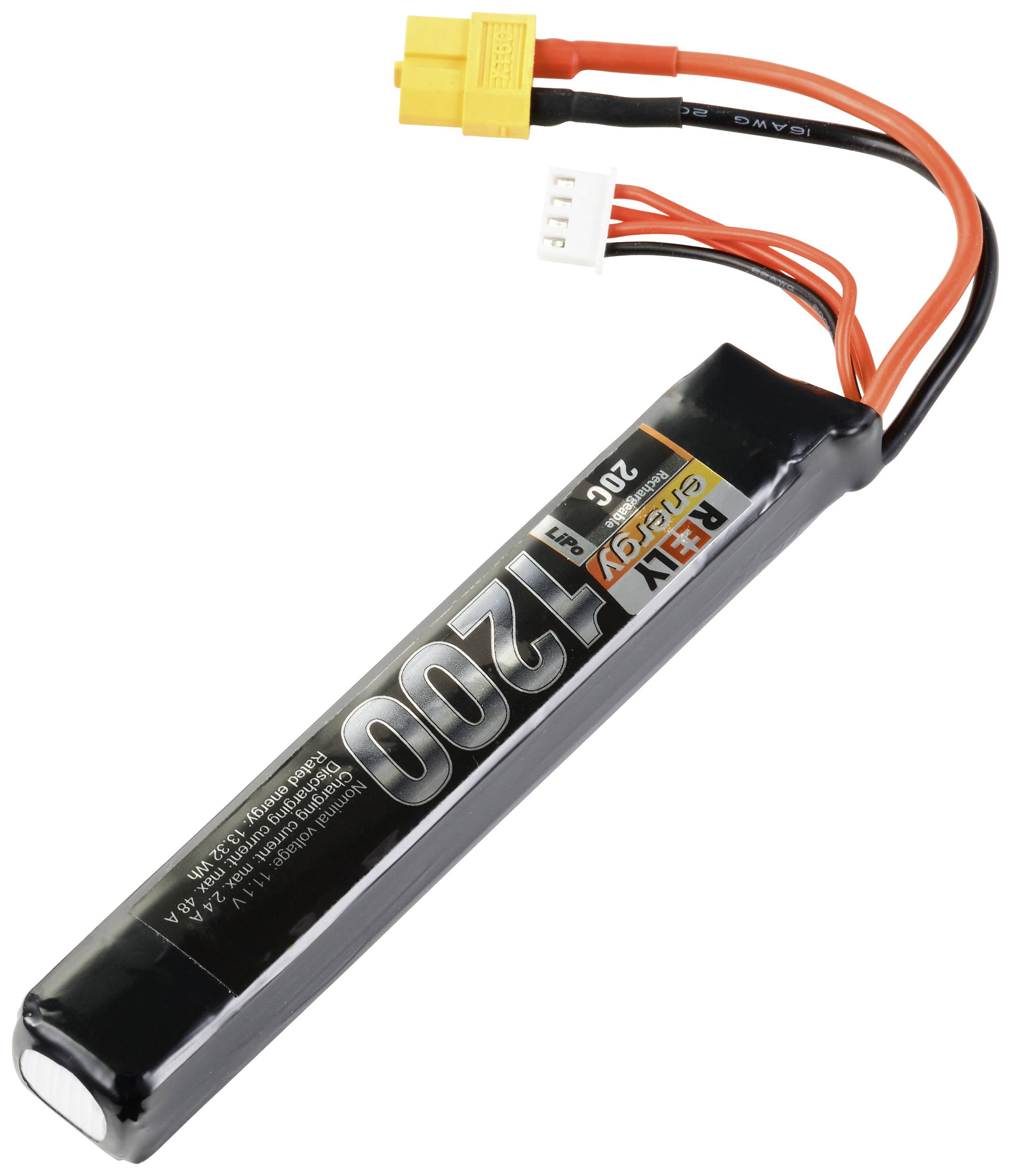 Een langwerpige, zwarte accu met opschrift '1200mAh, 20C, 11.1V' en een gele stekker. Geschikt voor modellen of RC-apparaten.