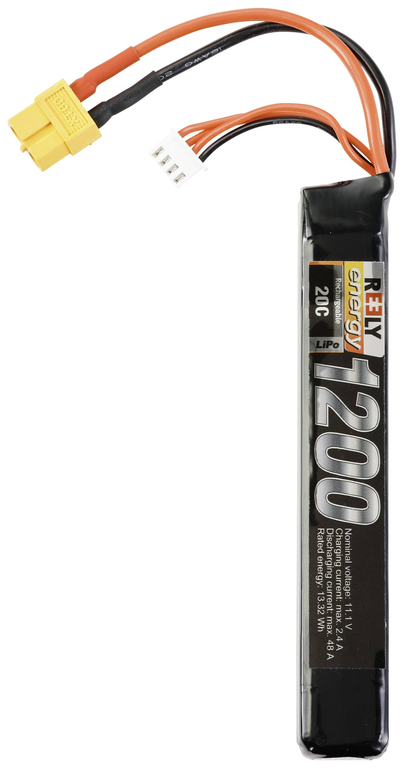 Een zwarte lithium-polymeer accu met het opschrift 'R 1200', twee oranje en een witte kabelaansluiting bovenaan.