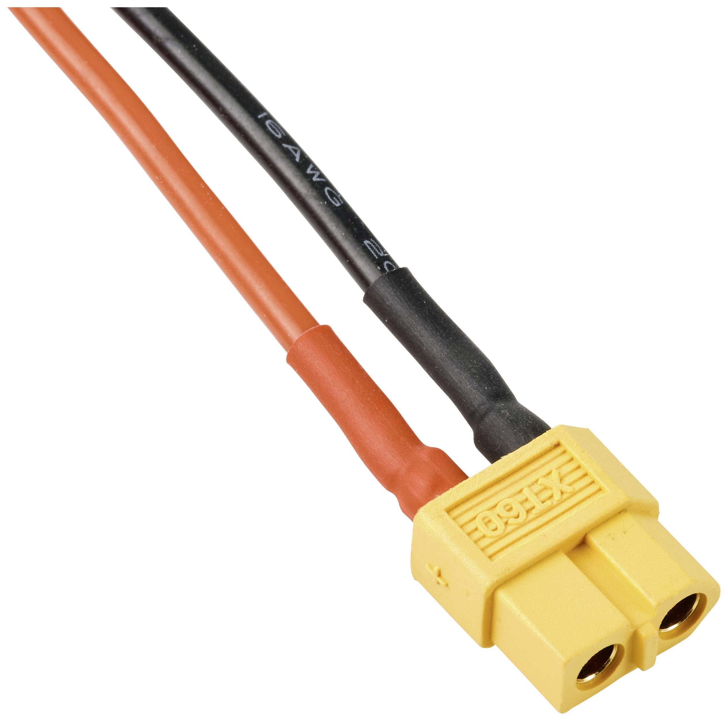 Een XT60-connector met rode en zwarte kabels. De connector is geel en wordt vaak gebruikt in radiografisch bestuurde voertuigen.