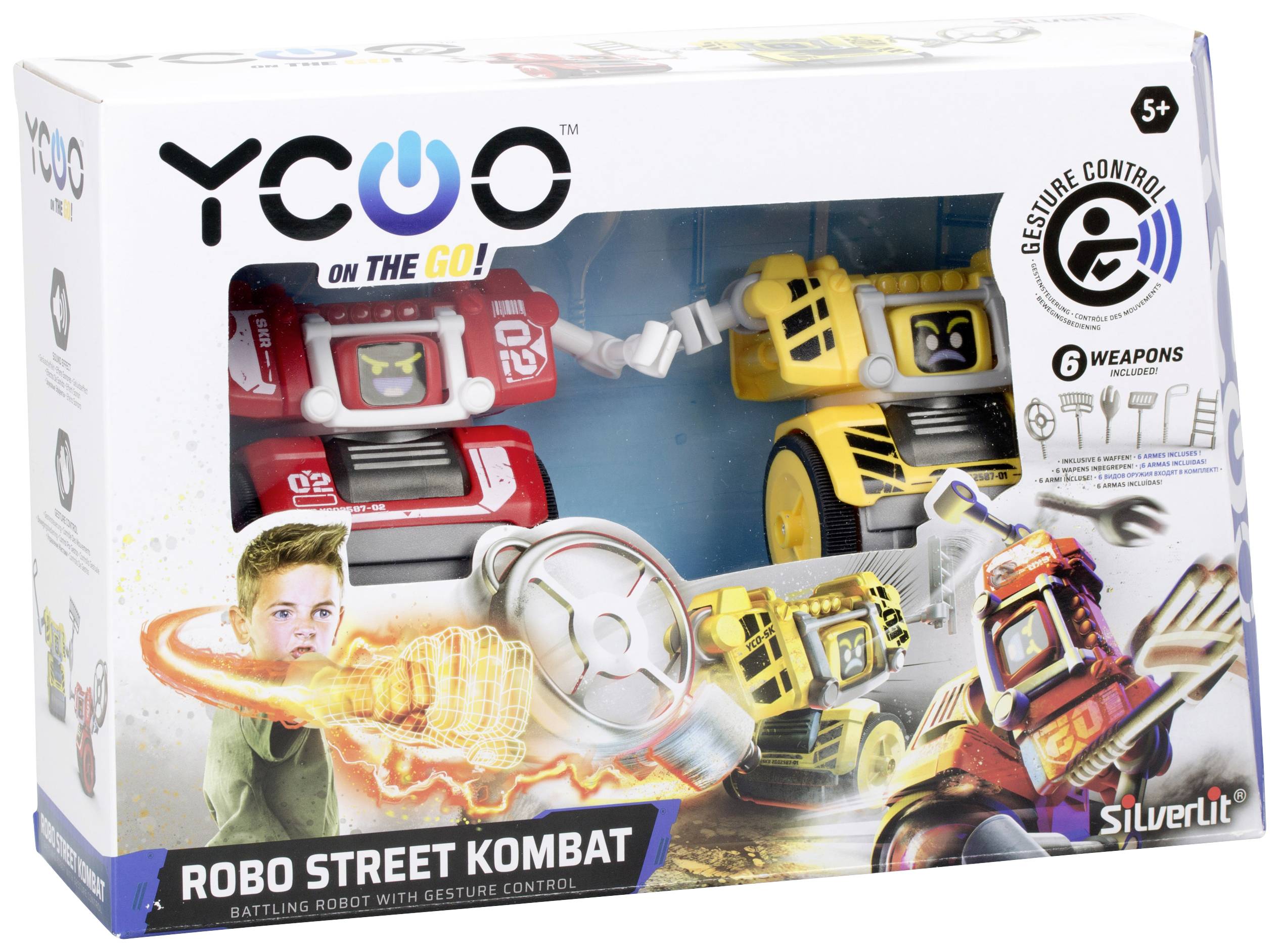 Verpakking van een speelgoed-robotgevechts­spel 'Robo Street Kombat' van Silverlit, geschikt voor kinderen vanaf 5 jaar, met bewegingsbesturing.