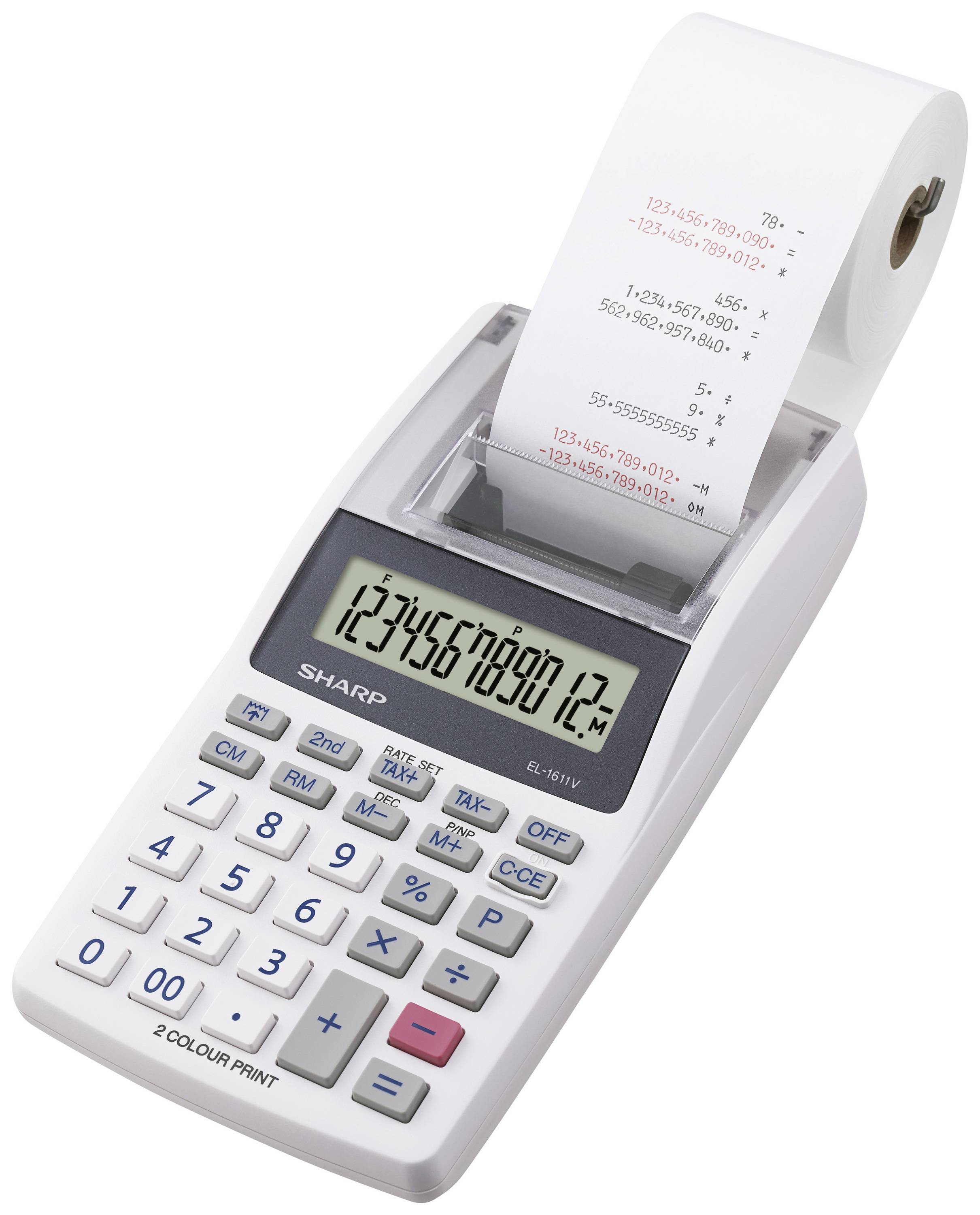 Een bureaurekenmachine met papierrol toont '1234567890.12' op het display. Papierrol is bedrukt met rode en zwarte getallen.