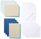 'Verschillende kaartenstapels met enveloppen in de kleuren blauw, beige en wit, gerangschikt op een witte achtergrond.'