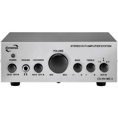 Zilveren Hi-Fi-versterker met volumeregelaar, bas- en hoogteregeling, evenals aansluitingsmogelijkheden voor AUX en bronkeuze.