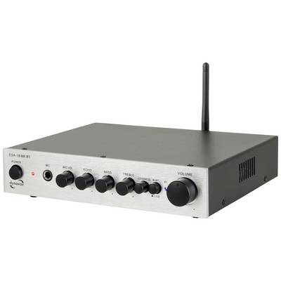 Een versterker met antenne en meerdere draaiknoppen voor het instellen van volume, bas, hoge tonen en echo.