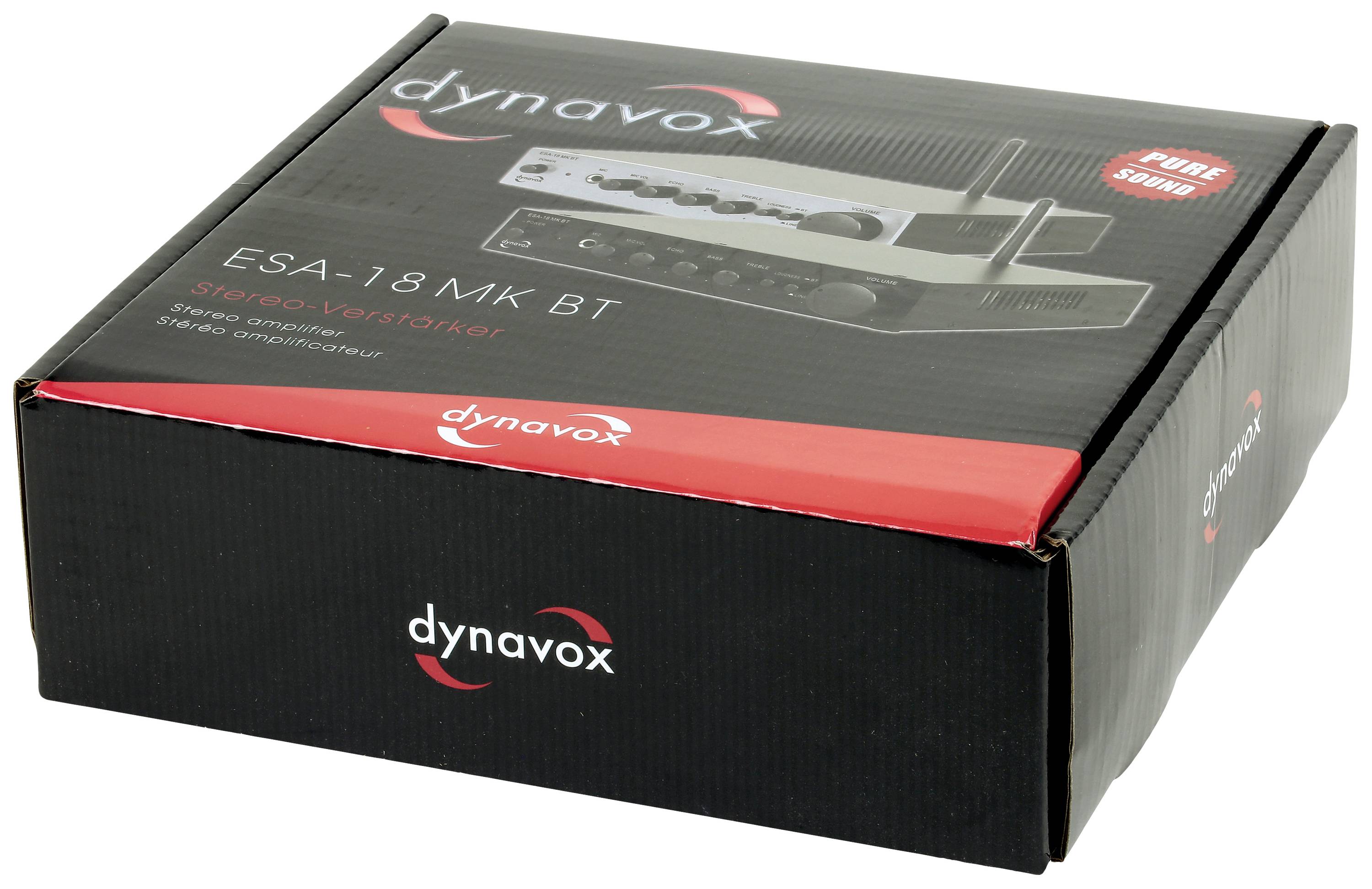 Zwarte verpakking met afbeelding en tekst 'dynavox ESA-18 MK BT Stereo-versterker'. Bevat logistieke en merggerelateerde informatie.