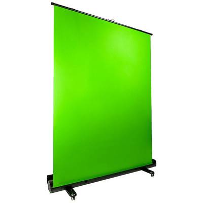 Een groene achtergrondscherm op een verrijdbaar statief, geschikt voor video- en fotoproducties voor achtergrondverandering.