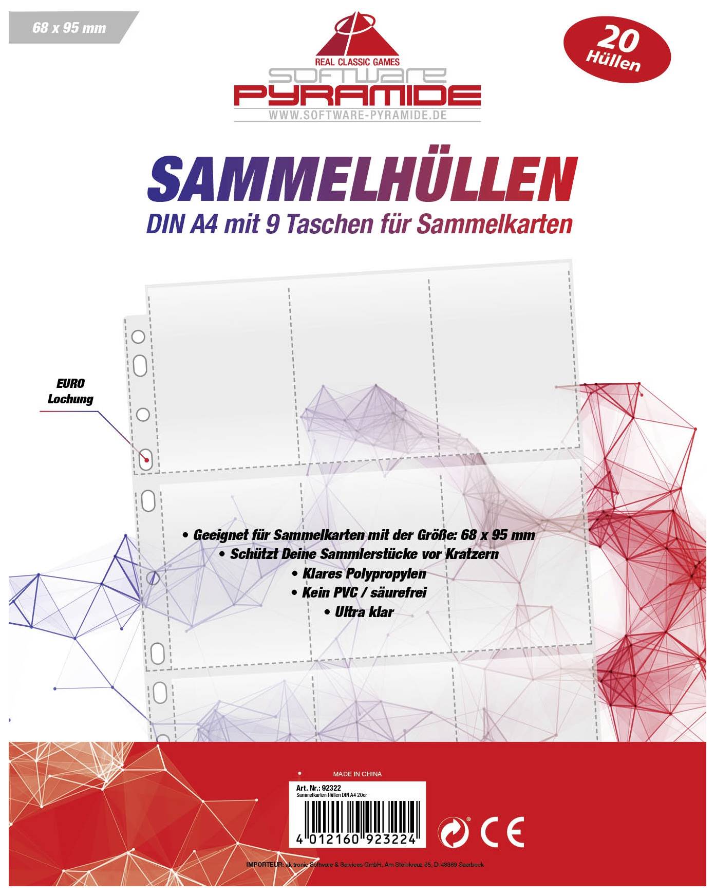 Mapje voor verzamelmappen, DIN A4, 9 vakken per hoes, met Euro-perforatie voor opbergen. Geschikt voor kaarten van 68 x 95 mm, vervaardigd uit helder polypropyleen.