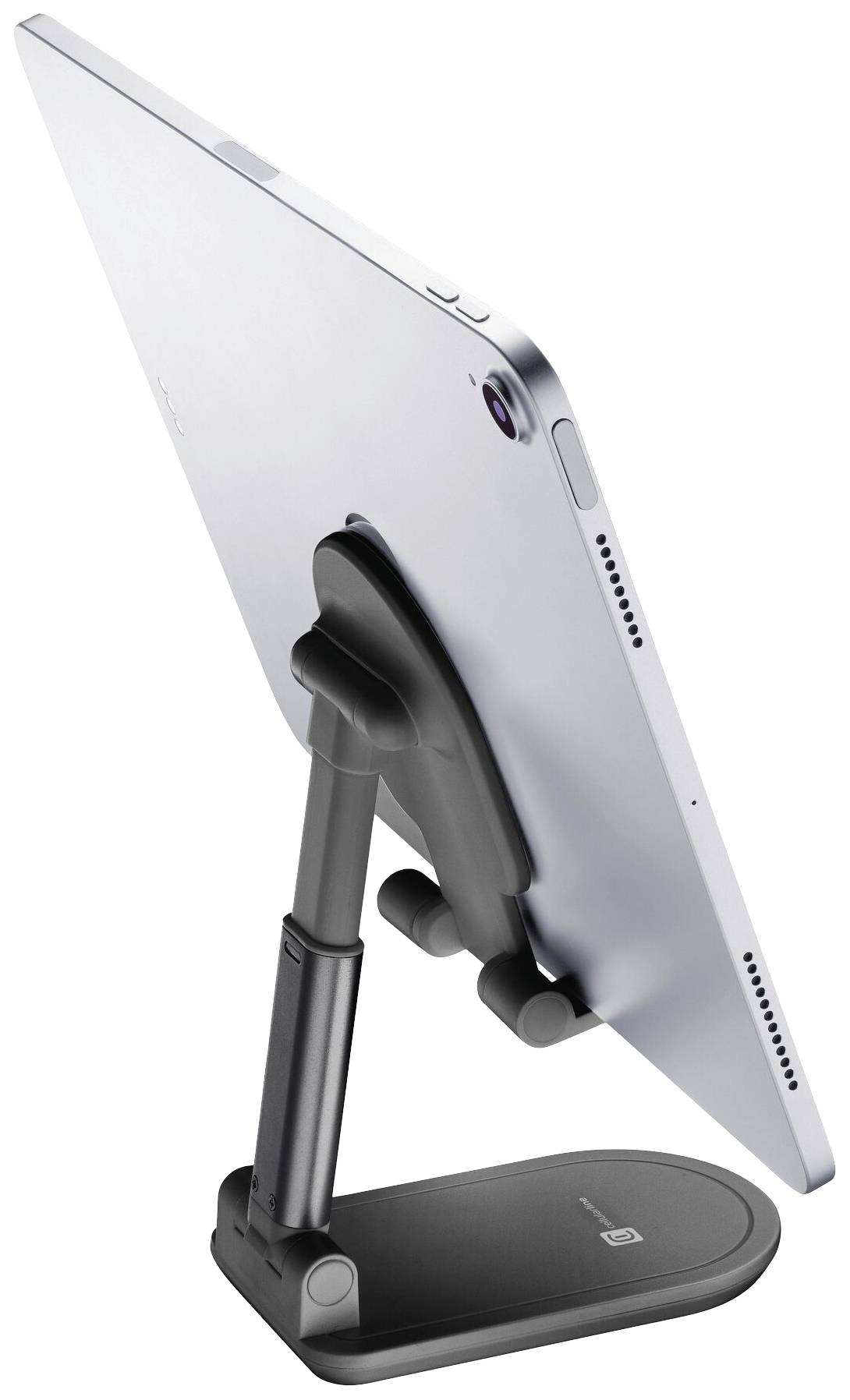 Een tablet in een verstelbare standaard, gefotografeerd vanuit een zijhoek. De standaard maakt een comfortabele weergave en gebruik van het apparaat mogelijk.