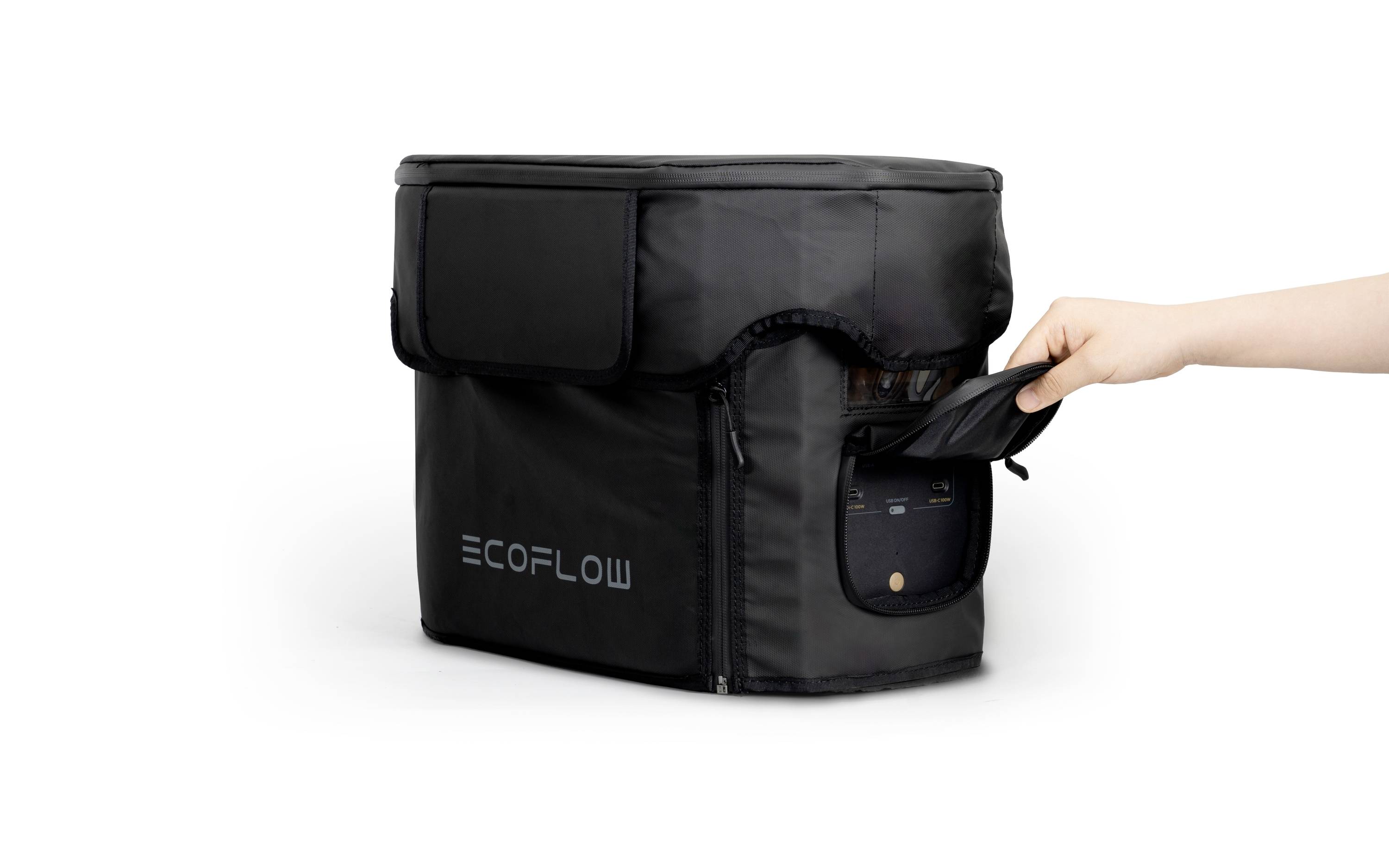Een hand opent de voorste tas van een zwarte EcoFlow-tas met zichtbare aansluitingen.