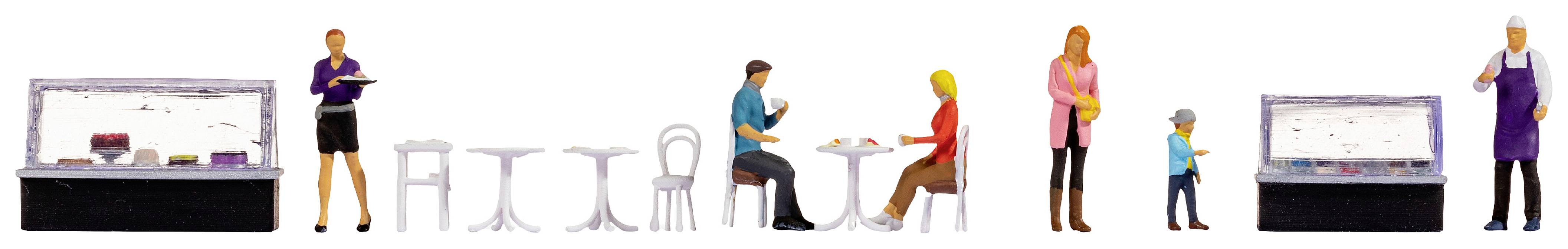 Een miniatuur-caféscène: serveerster met dienblad links, stel zittend aan tafel in het midden, moeder met kind staand, kok rechts.
