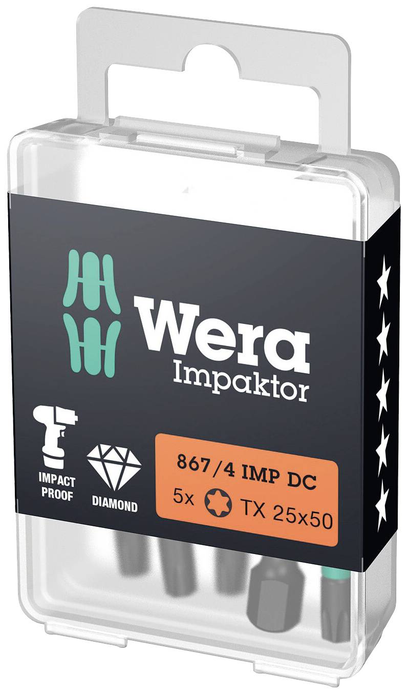 Verpakking met Wera Impaktor schroevendraaierbitjes, 5 stuks, TX 25x50. Kenmerken: 'Slagbestendig', 'Diamant'.