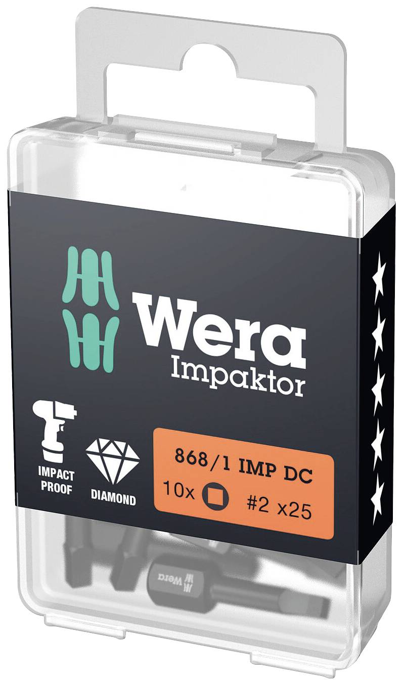 'Wera Impaktor' Bit-Set 868/1 IMP DC in transparante verpakking met 10 bits, slagvastheidssymbool, diamantsymbool, maat #2 x 25 mm.