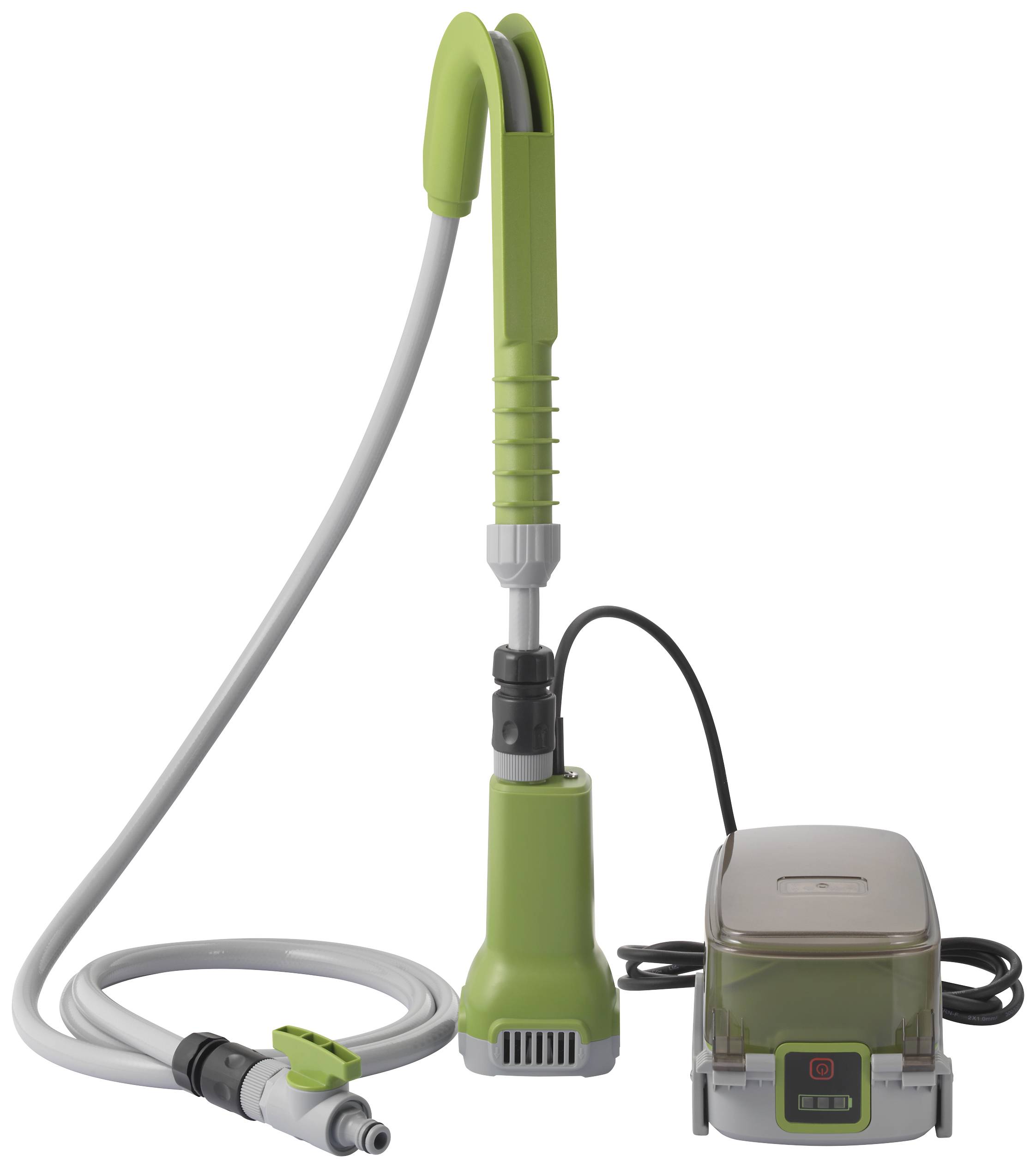 Een groene elektrische waterpomp met slang en schakelaar, geschikt voor tuinbesproeiing of aquariumonderhoud.