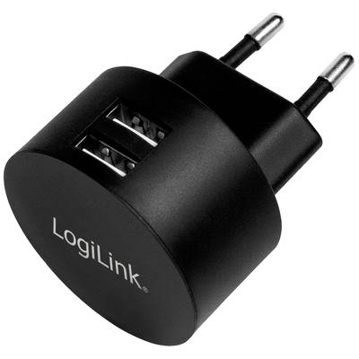 Zwart USB-wandlaadapparaat met twee USB-poorten en Europese stekker. Merknaam 'LogiLink' op de voorkant.