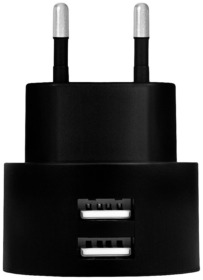 Zwart USB-oplader met twee laadpoorten en Europese stekker.