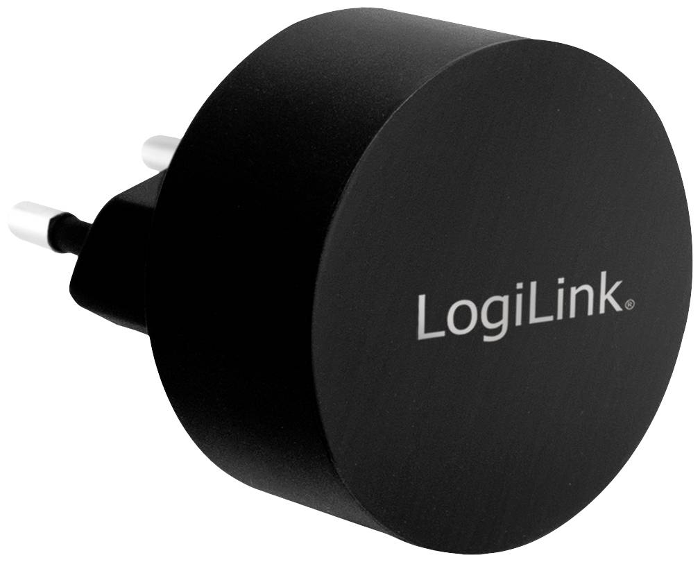 Zwarte netadapter met het opschrift 'LogiLink'. Geschikt voor Europese stopcontacten.