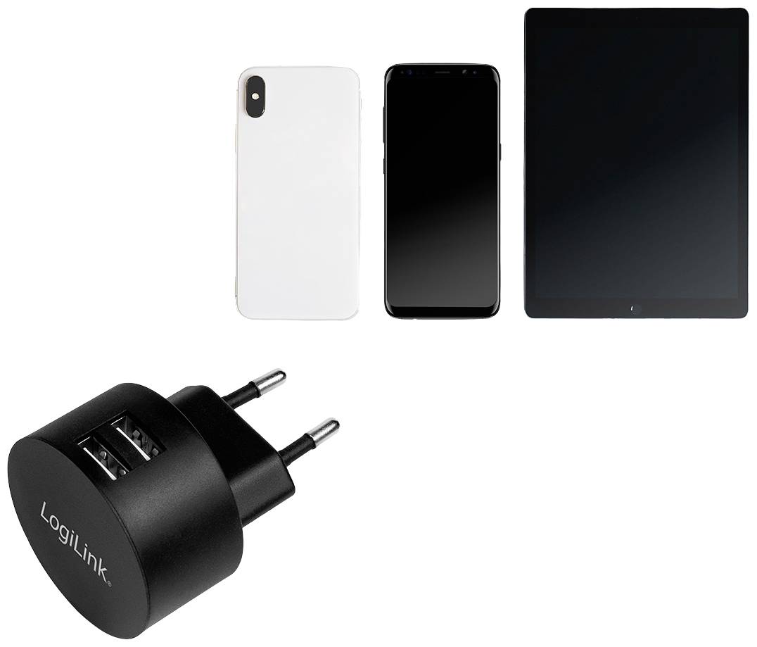 'LogiLink'-laadadapter met twee USB-poorten naast smartphone, mobiele telefoon en tablet op witte achtergrond.