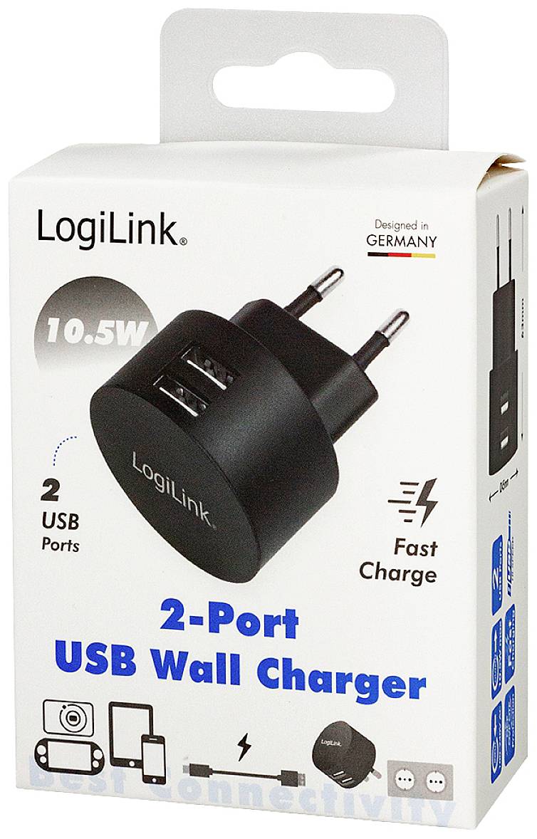 'Oplader van LogiLink met twee USB-poorten, 10,5 W vermogen, geschikt voor snel opladen. Verpakking toont "Designed in Germany".'