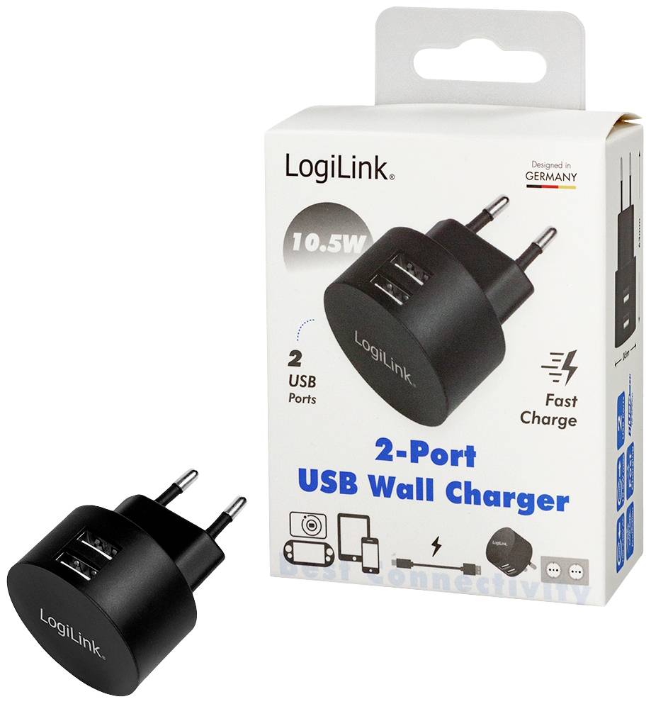 Dubbele USB-laadadapter van LogiLink met netstekker. Verpakking toont het apparaat met 10,5 W vermogen en oplaadmogelijkheid voor apparaten.