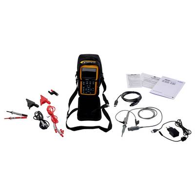 Multimeter-set met geel apparaat, meetleidingen, klemmen, voedingsadapter, USB-kabel en gebruiksaanwijzingen op witte achtergrond.
