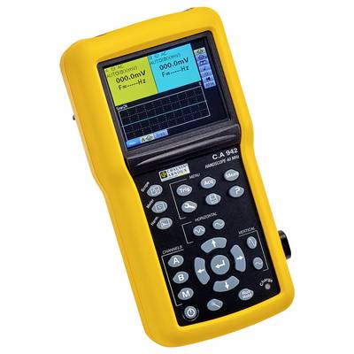 Een geel oscilloscoop met een scherm, toont spanningsmetingen en frequentie. Verschillende knoppen voor instellingen zijn zichtbaar.