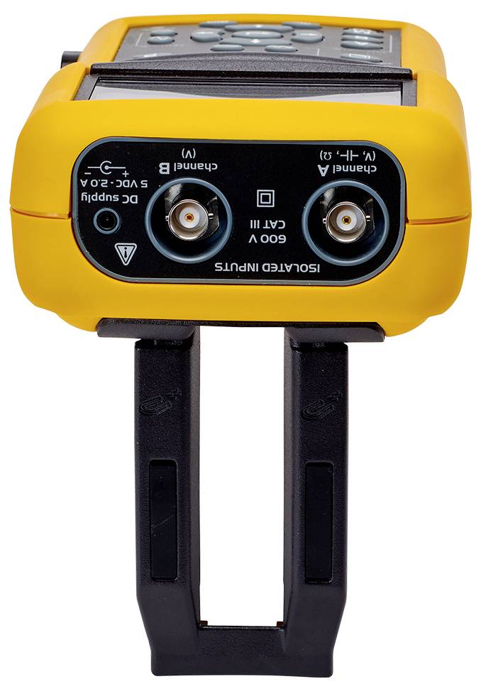 Een meetinstrument met een gele behuizing en twee geïsoleerde aansluitingen, dat waarschijnlijk wordt gebruikt voor elektrische metingen.