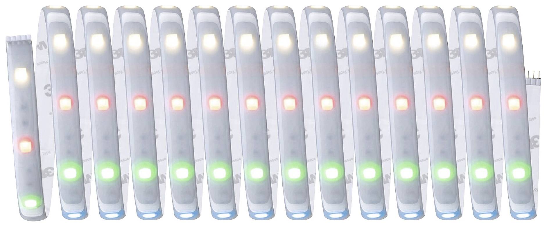 Meerkleurige LED-strip met rode, groene en warmwitte lichtgevende segmenten. Rolmechanisme zichtbaar.