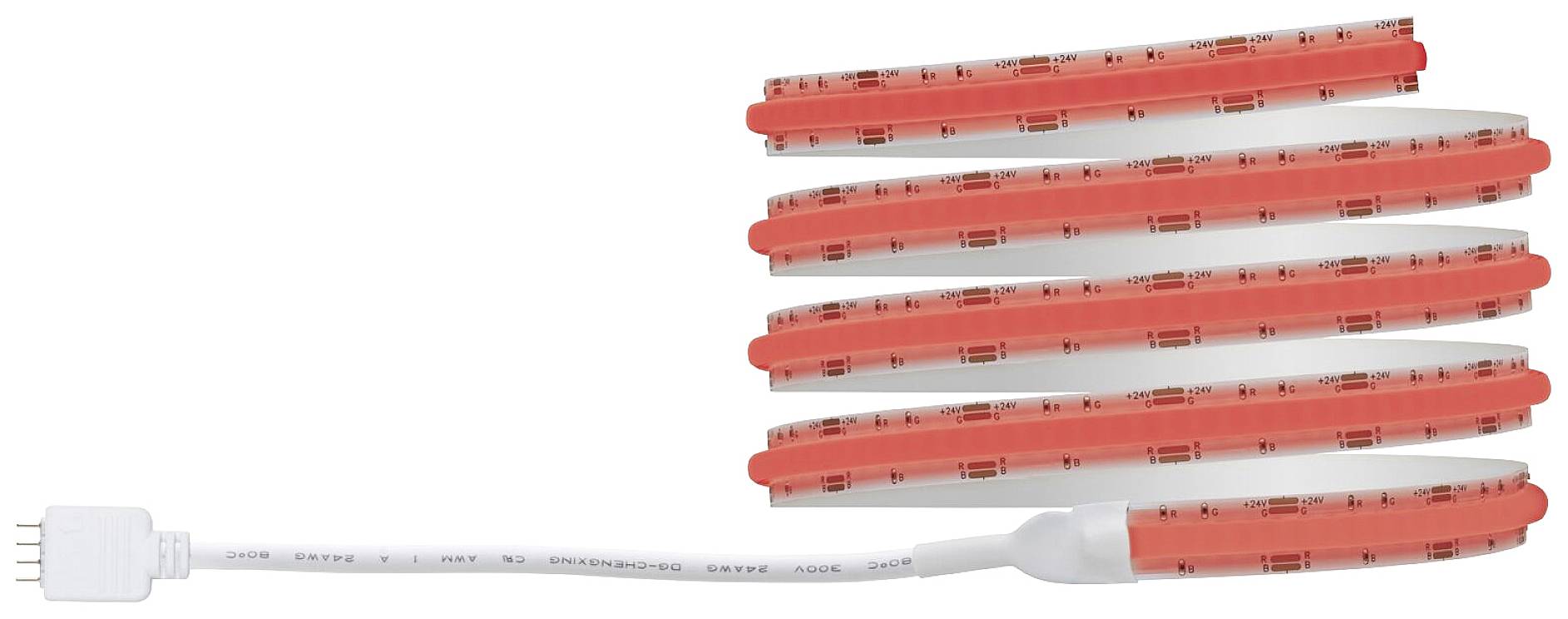 Een rode LED-strip met zes lussen, verbonden met een wit kabel en een stekker aan het uiteinde. Geschikt voor verlichtingsdoeleinden.