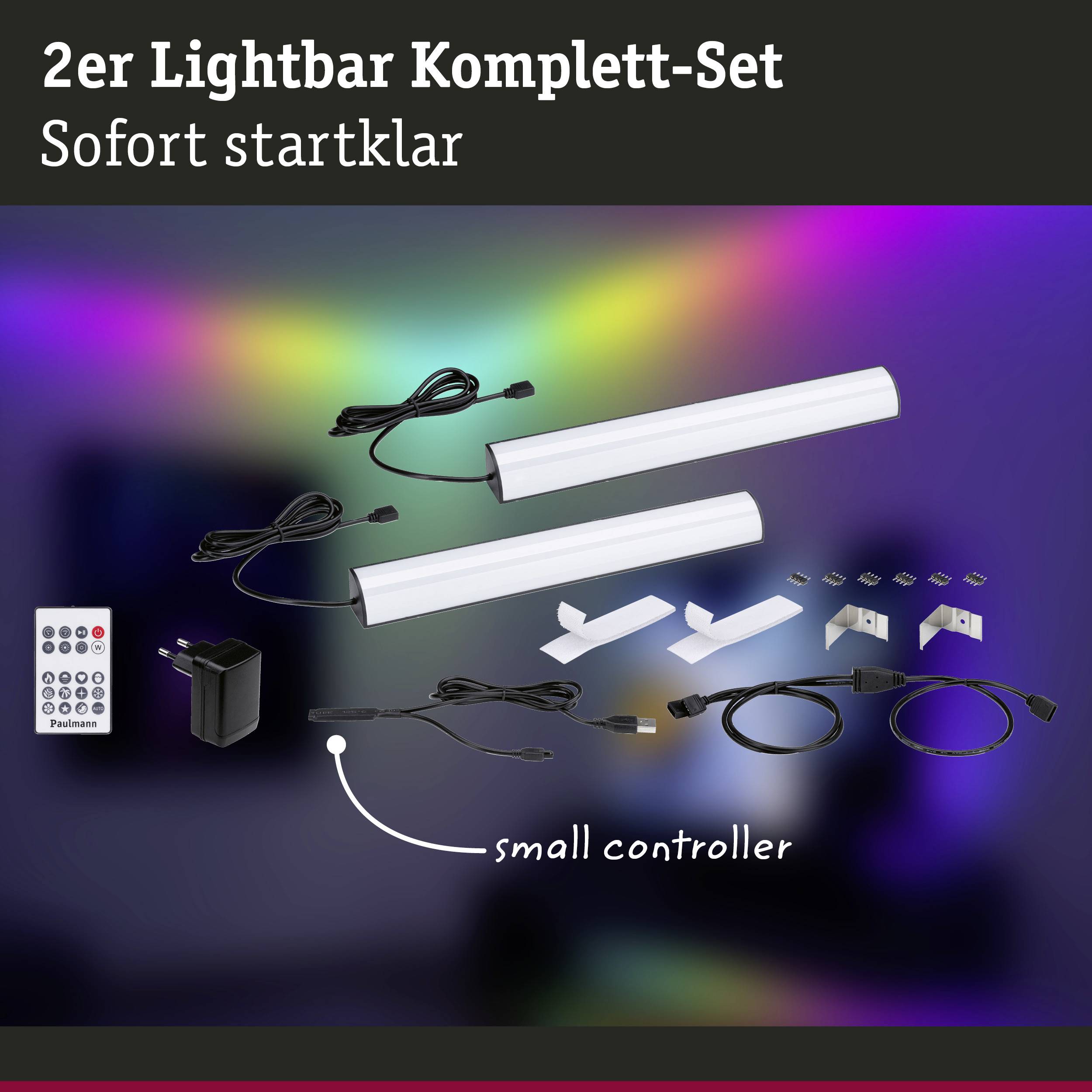 '2-LED-lichtbalk Complete Set. Direct klaar voor gebruik.' Twee lichtbalken, afstandsbediening, kleine besturing en kabels op een donkere achtergrond.