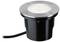 Een ronde, grondgemonteerde LED-buitenlamp van metaal met zichtbaar snoer, geschikt voor geaccentueerde buitenverlichting.