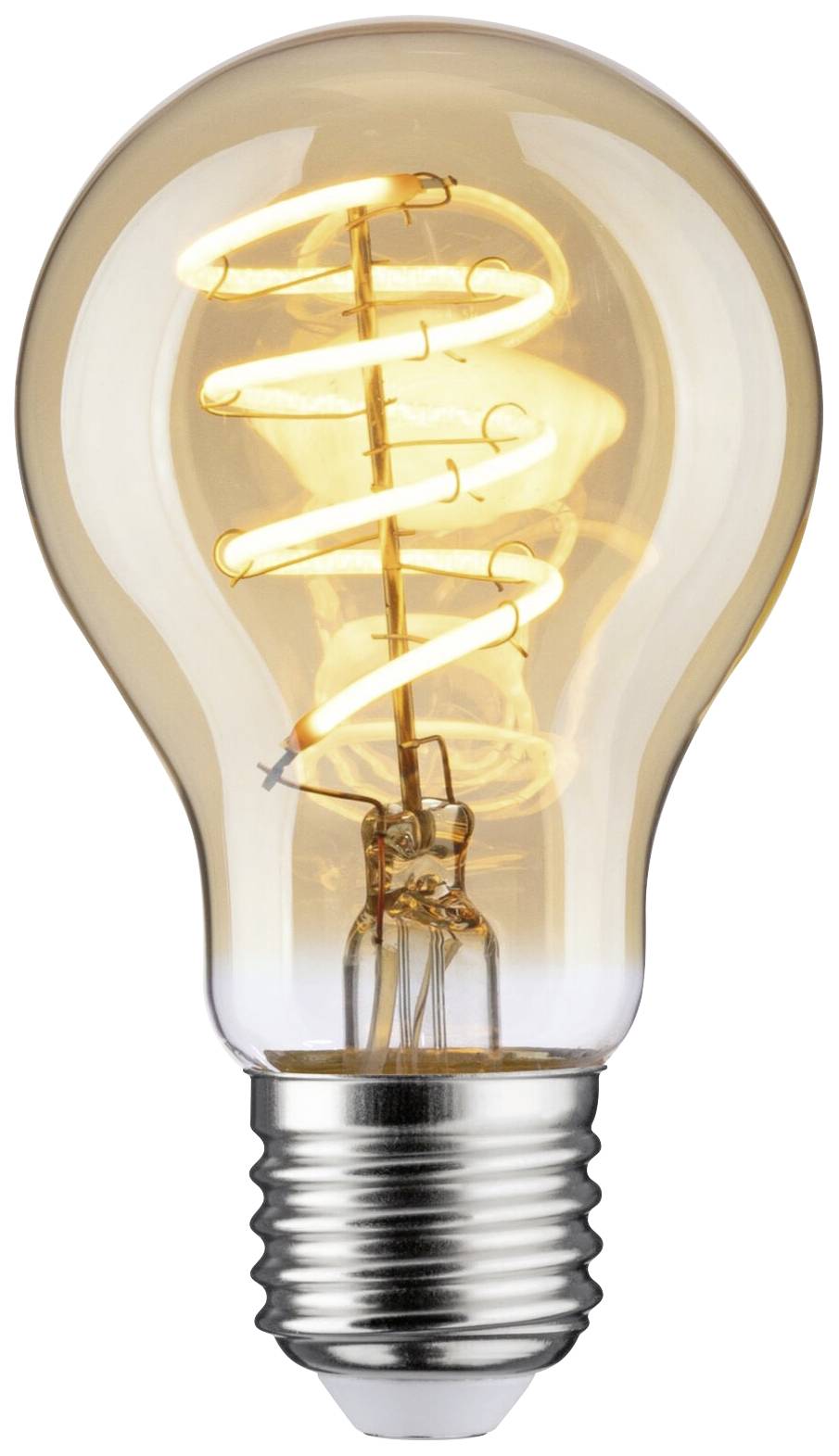 Een gloeilamp met een zichtbare, spiraalvormige gloeidraad straalt warm licht uit.